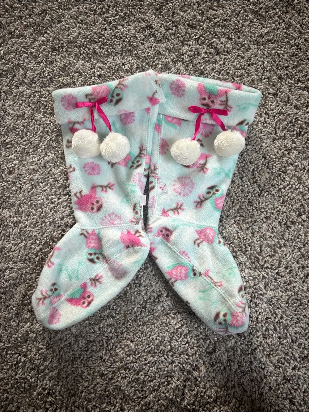 American Girl Mint and Pink Owl Fleece Slipper Socks for Wellie Wisher Boots